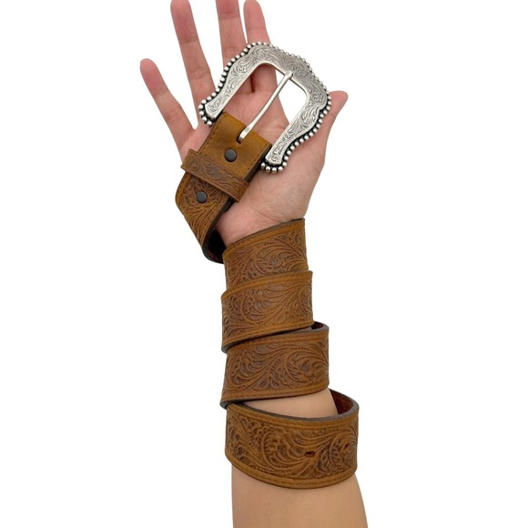 Tony Lama Accessories - Tony Lama Layla Tooled Leather Belt Women 32 Brown Western Floral Buckle Cowgirl